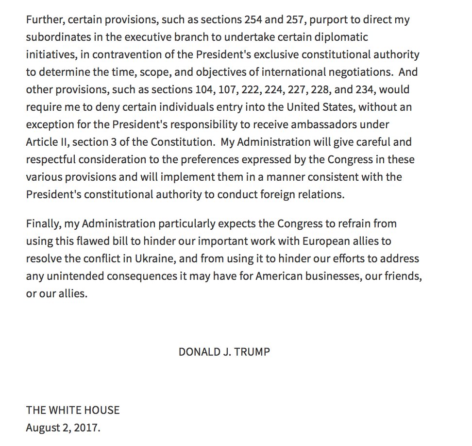 Trump releases statement on the bipartisan Russian sanctions bill he signed this morning, which he says is clearly unconstitutional.