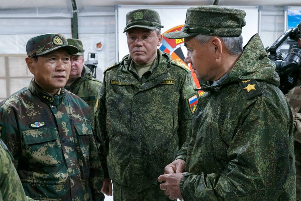 Russia's Defense Minister Sergei Shoigu,chief of Russia's General Staff Valery Gerasimov,China's Defense Minister Wei Fenghe. Vostok 2018 maneuvers, Zabaikalsky Krai.   