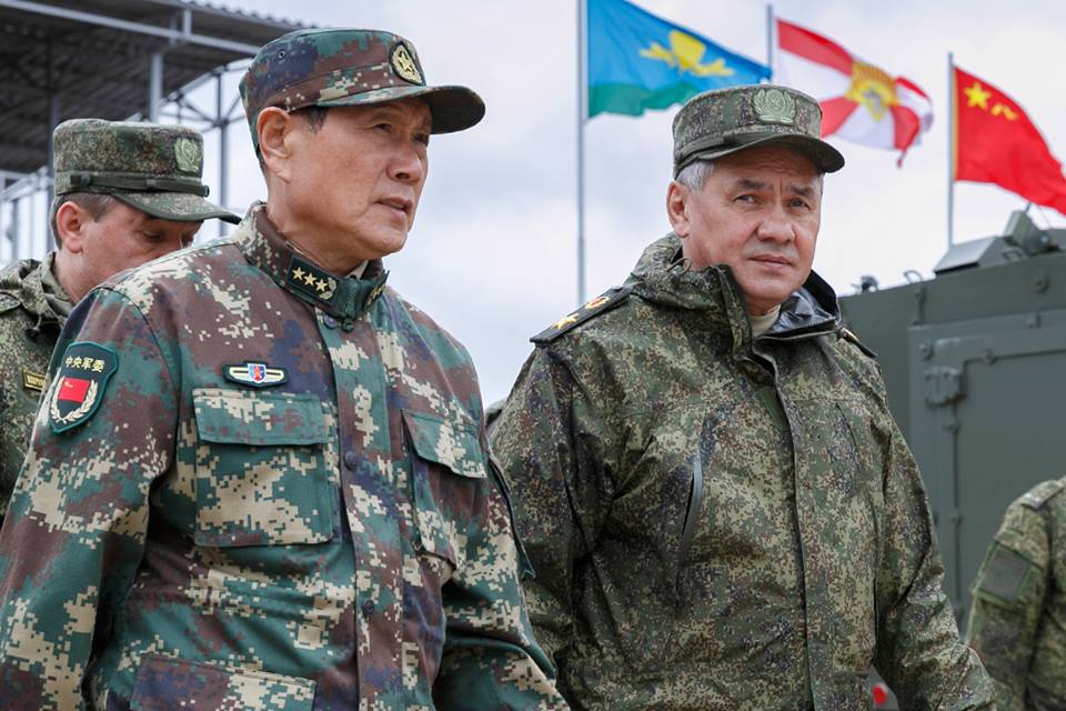 Russia's Defense Minister Sergei Shoigu,chief of Russia's General Staff Valery Gerasimov,China's Defense Minister Wei Fenghe. Vostok 2018 maneuvers, Zabaikalsky Krai.   