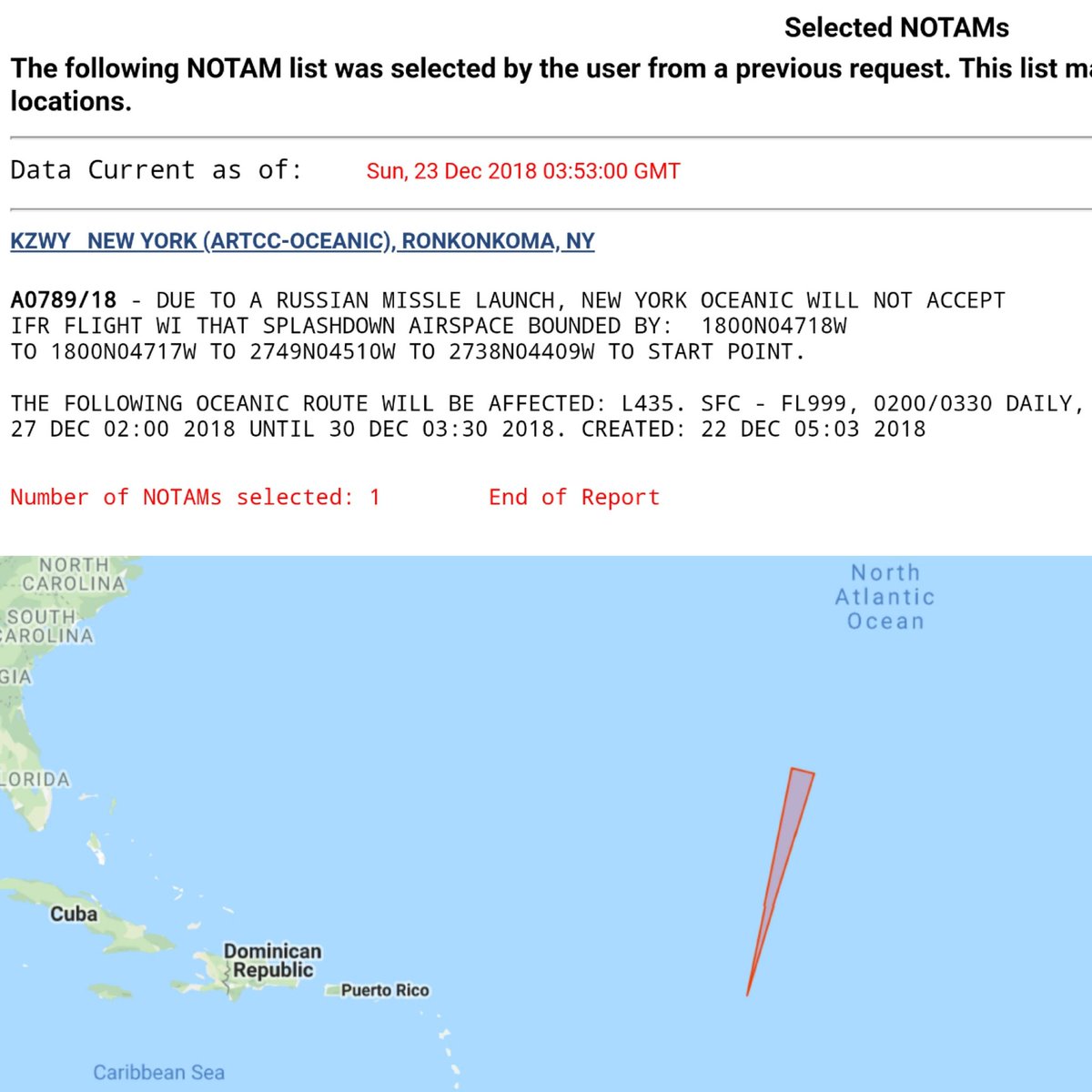 Due to a Russian missile launch, New York Oceanic FIR isn't accepting flights within the proposed splashdown area in the Atlantic, DEC 27 through DEC 30 