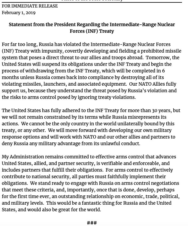 US pulling out of INF Treaty, per @WhiteHouse - The United States will suspend its obligations under the INF Treaty and begin the process of withdrawing from the INF Treaty.   