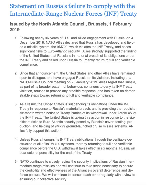 @NATO reacts to US announcement it is withdrawing from the INF Treaty:  Russia is in material breach of its obligations per statement We urge Russia to use the remaining six months to return to full and verifiable compliance to preserve the INF Treaty   