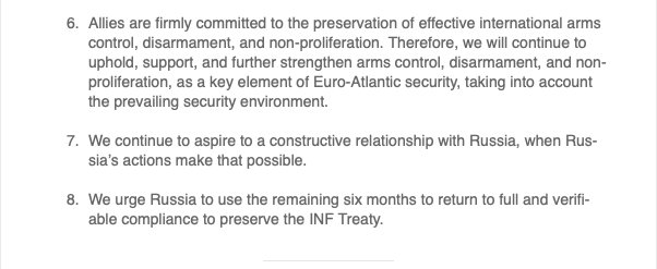 @NATO reacts to US announcement it is withdrawing from the INF Treaty:  Russia is in material breach of its obligations per statement We urge Russia to use the remaining six months to return to full and verifiable compliance to preserve the INF Treaty   