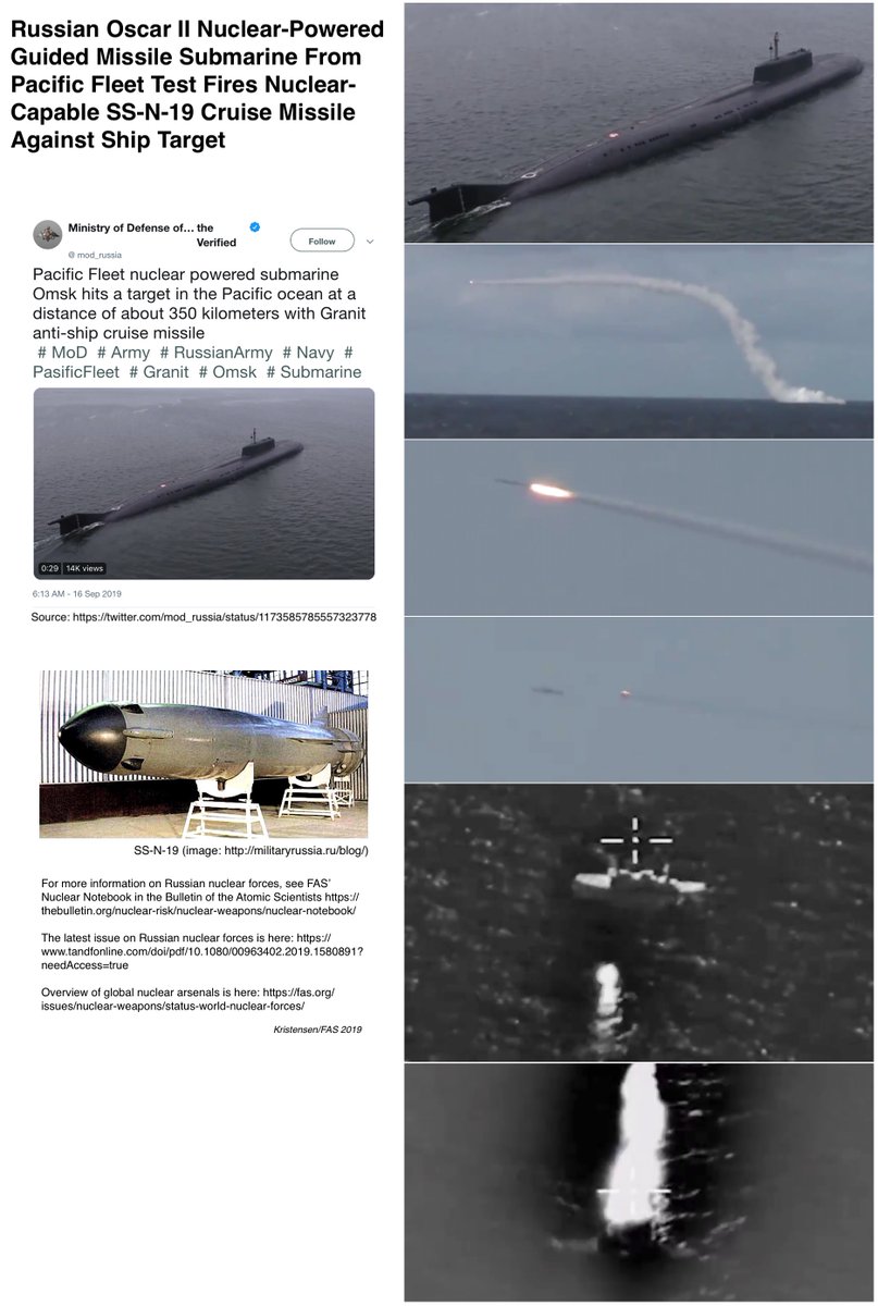 Russian MOD released video of Oscar II sub test-launching nuclear-capable SS-N-19 cruise missile against ship target.  Seems to cut through ship (still in one piece).