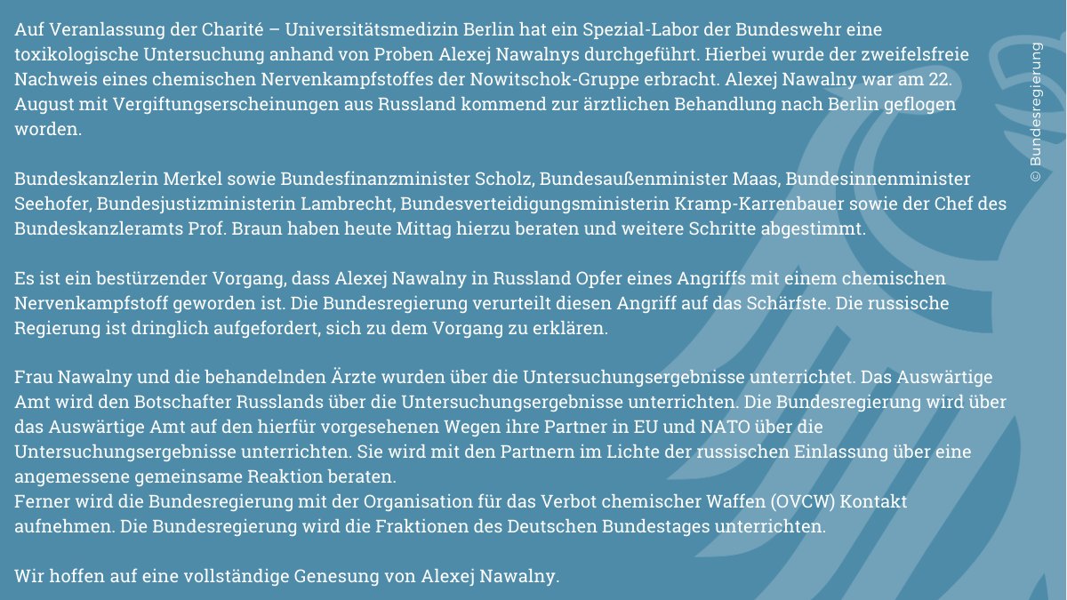 Government of Germany on the Navalny case: The Russian government is urged to explain itself to the incident. Partners in EU and NATO will be informed