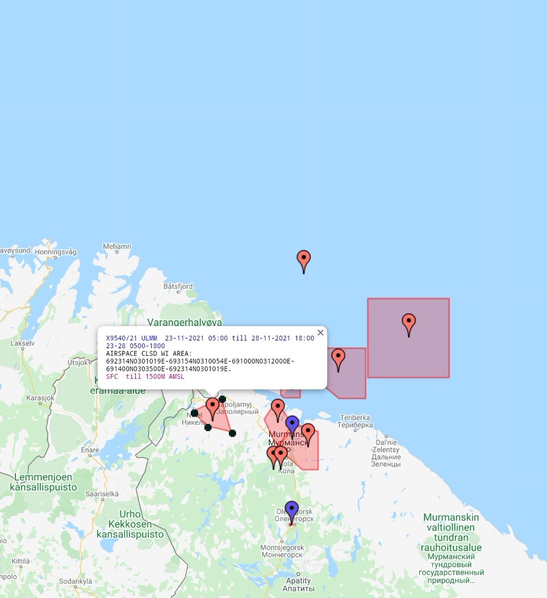 The current NOTAM-map of Kola. First areas at sea go active on Monday.  New NOTAM in the Luostari area indicates upcoming activity from the 200th MRB and 61st Naval Inf Bde