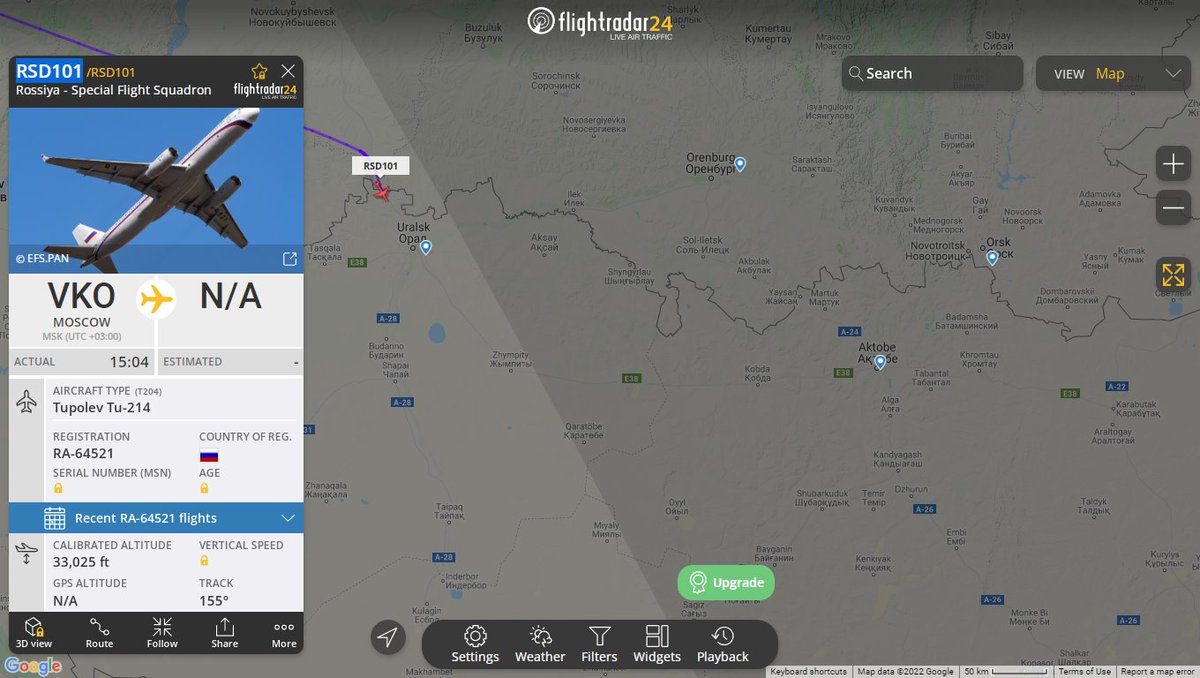 Russian Air Force Tupolev Tu-214 RSD101 tracking over Kazakhstan