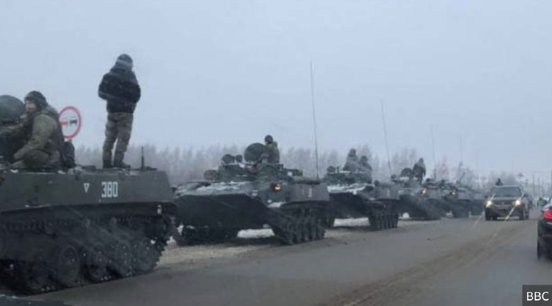 Column of Russian airborne troops on the highway near Ivanovo airfield