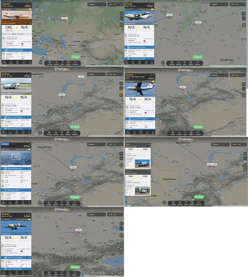 Russian military traffic to Kazakhstan in the last 2 hours: -RUAF IL76 RFF8565 -RUAF An-124 RFF8459 -RUAF Il-76MD RFF8393  -RUAF  Il-76MD-90A CTA0558K -RUAF IL-76MD RFF8246 -RUAF Il-76MD RFF8547 -RUAF  An-124 RFF8493