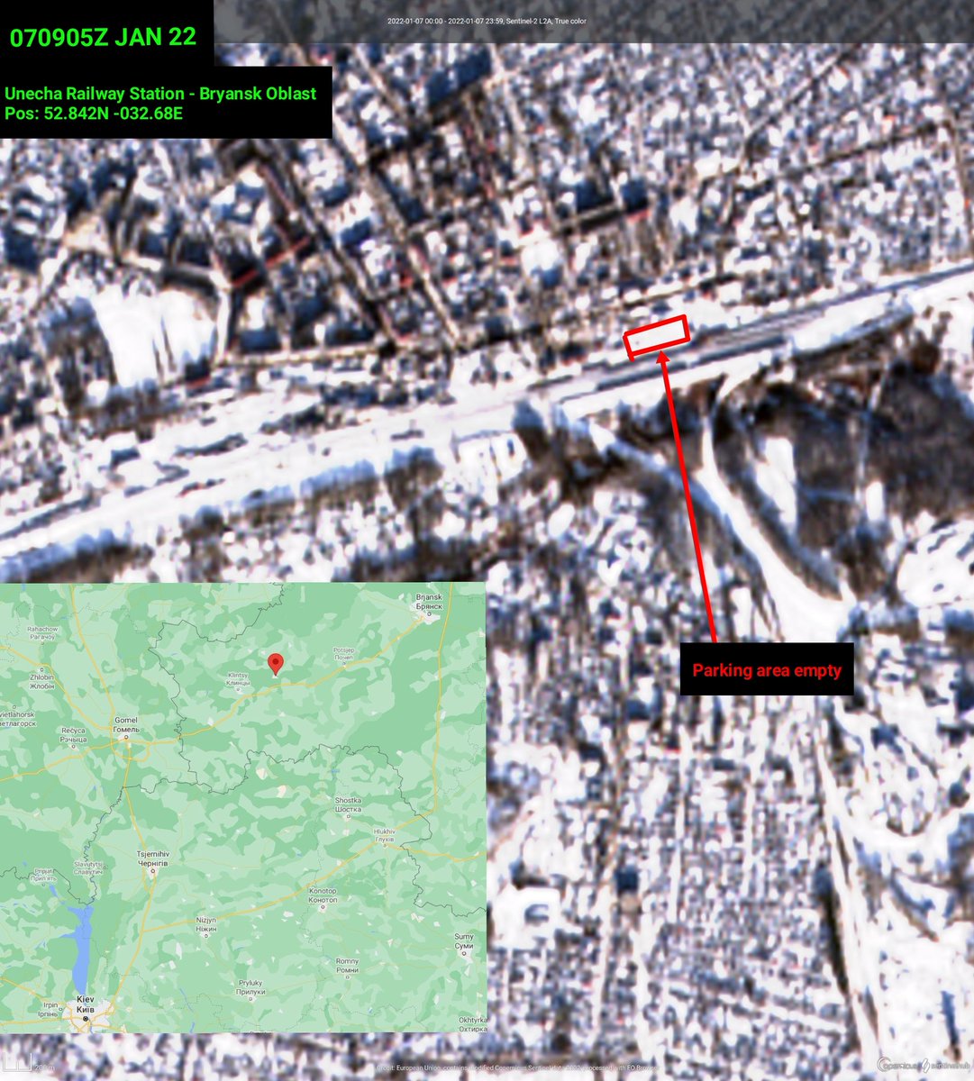 This equipment at Unecha Railway Station - Bryansk Oblast, was still parked there on January 2nd, but has since been moved elsewhere.  The parking area is empty on today's Sentinel-2 pass, at 0905z