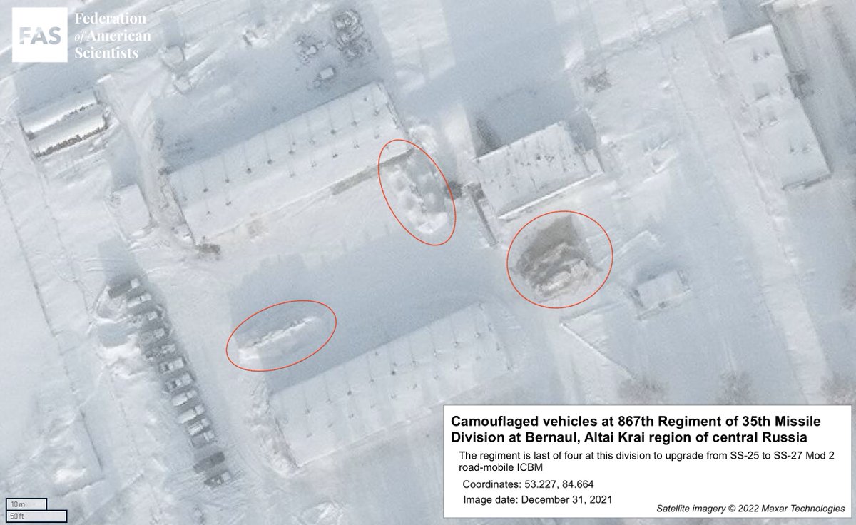 The commander of Russia's 35th division at Bernaul says remaining regiment (867th: 53.227, 84.664) will be fully equipped with SS-27 Mod 2 (Yars) ICBMs by April 2022.   @Maxar satellite image shows first camouflaged vehicles on Dec 31, 2021
