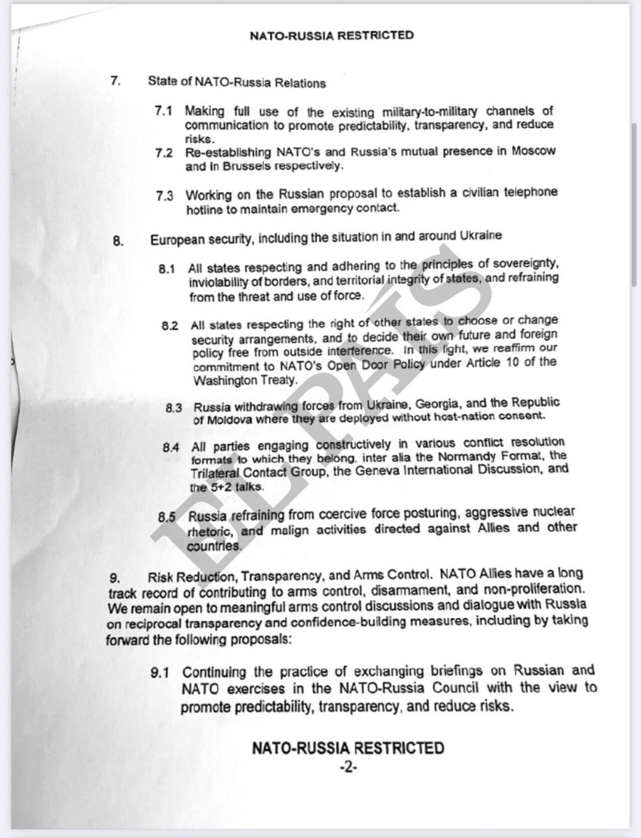 Paragraph 7.2 in the leaked NATO response to Russia's security demands is interesting. It suggests a possible offer to reverse NATO's decision last year to shrink Russia's mission to NATO - expelling 8 Russian diplomats (intelligence officers)