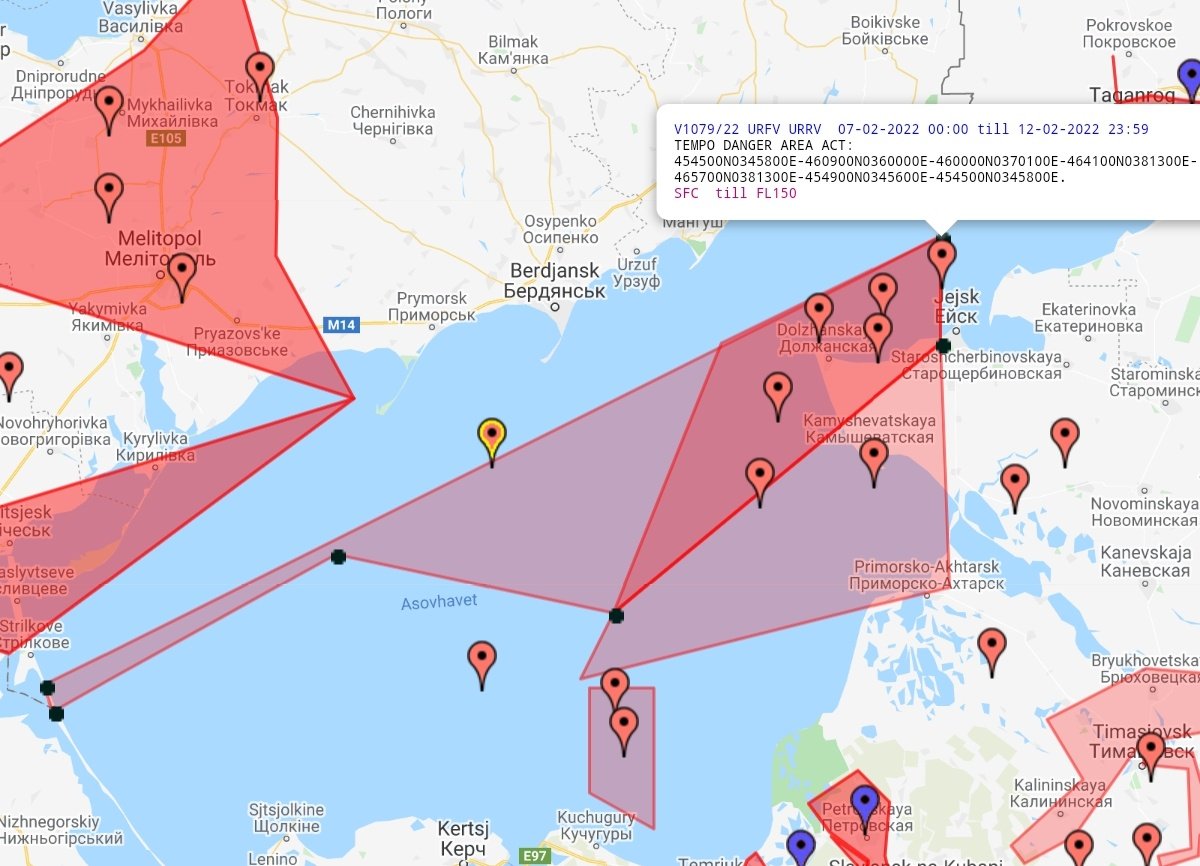 Interesting NOTAMs for the Sea of Azov, going active on the 6th and 7th. The smaller one has a corresponding NAVWARN for Naval training.  Normal AF training activities in this area is usually in fixed area NOTAMs e.g for URR-624, so this is not routine activity