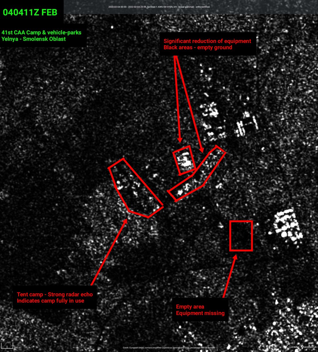 As @danvan71 has found, today's Sentinel-1 SAR-imagery of the 41st CAA camp at Yelnya - Smolensk Oblast, gives a strong indication that personell has arrived, and that equipment is being moved elsewhere.  Review of imagery indicates movements began between Jan 23rd and 30th