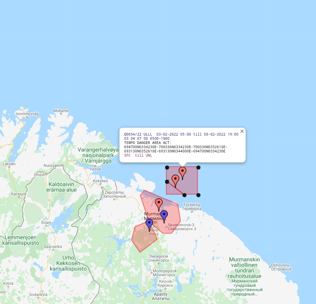 Currently issued Barents Sea NOTAMs. A couple indicating local Northern Fleet activity, and the strange areas west of Novaya Zemlya are back. The latter active from the 9th to the 14th