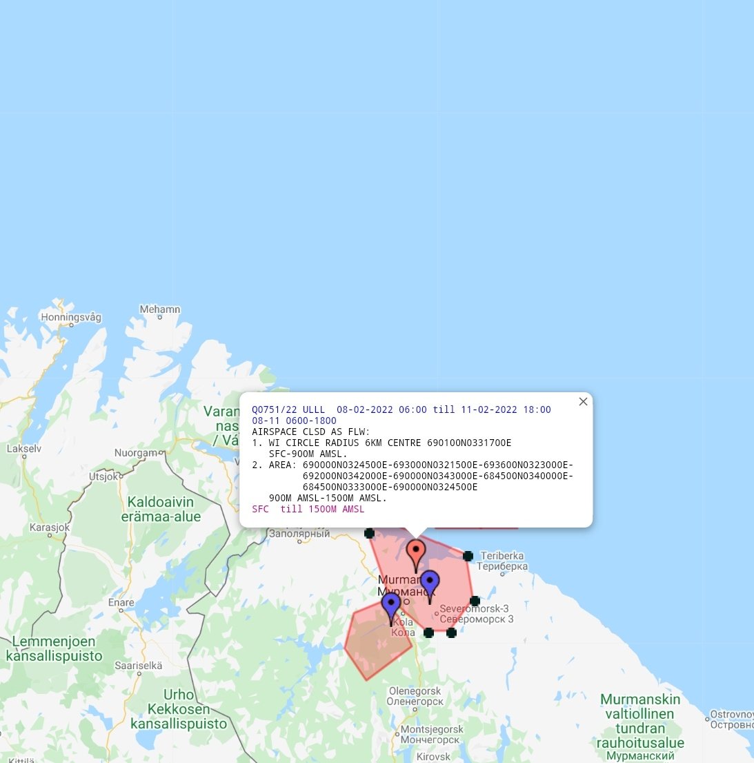 Currently issued Barents Sea NOTAMs. A couple indicating local Northern Fleet activity, and the strange areas west of Novaya Zemlya are back. The latter active from the 9th to the 14th