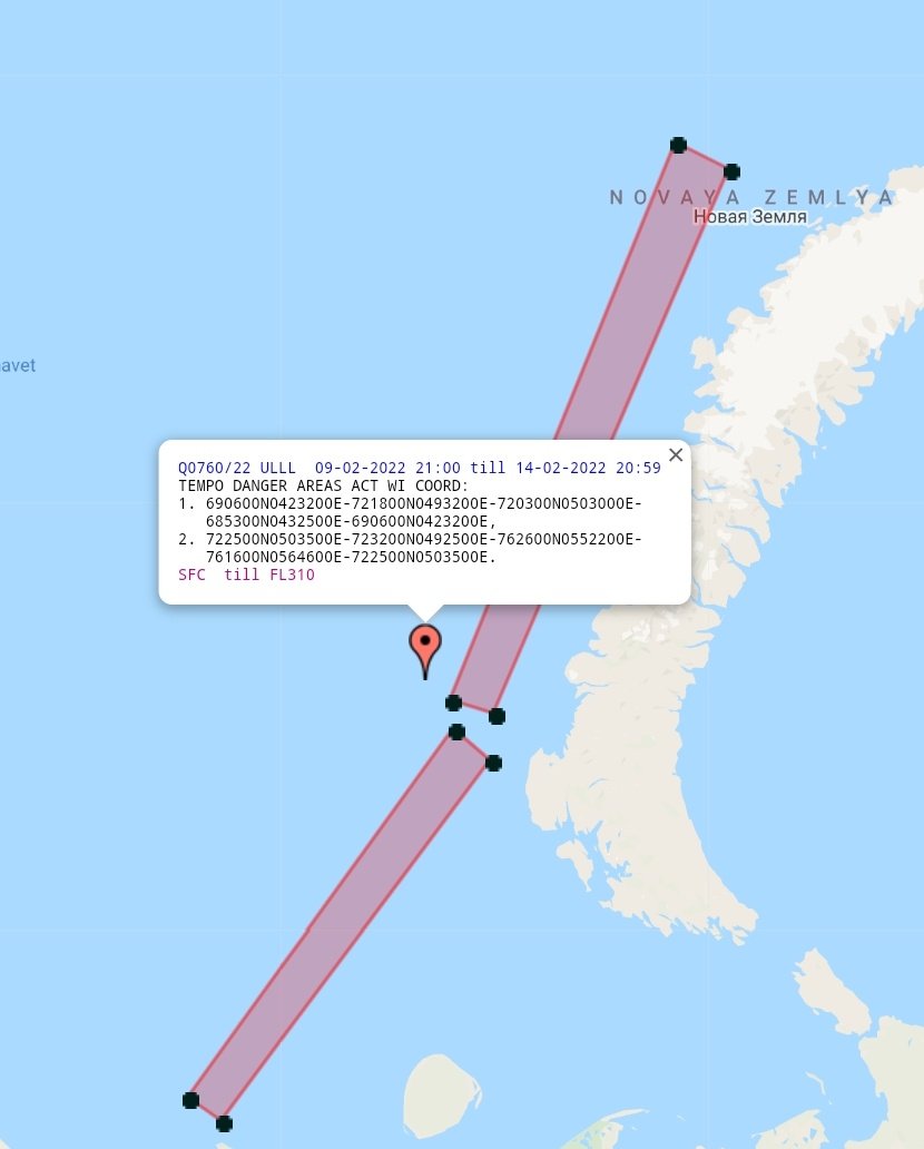 Currently issued Barents Sea NOTAMs. A couple indicating local Northern Fleet activity, and the strange areas west of Novaya Zemlya are back. The latter active from the 9th to the 14th