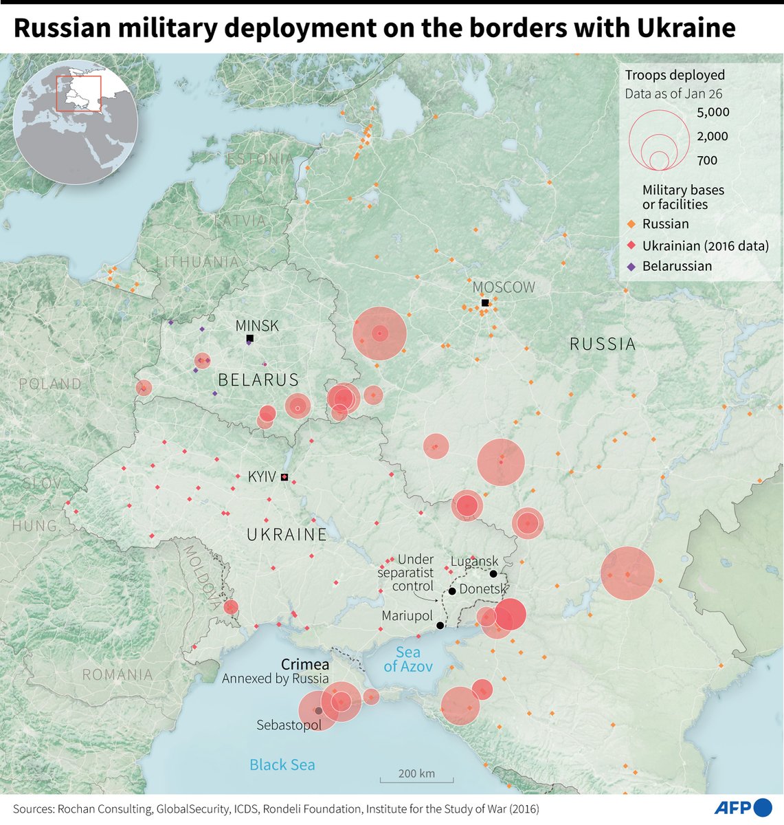 Map by @AFP. There are four rally areas: Yelsk-Klintsy (EMD + 41 CAA), Kursk-Soloti (20th and 6th CAAs + 1 GTA), Millerovo-Rostov (8th CAA +49th CAA), Crimea (58th CAA + 11 AK, elements of 20th CAA)