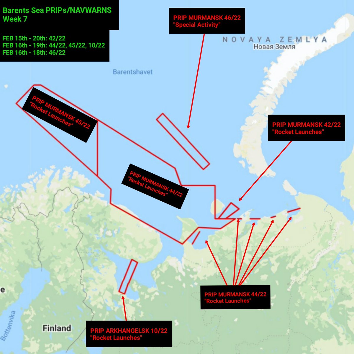 Here are PRIPs/NAVWARNs issued today for the Barents-, White Sea, and the Nenets coast for next week, most labeled Rocket Launches.  42/22 may indicate something from Plesetsk