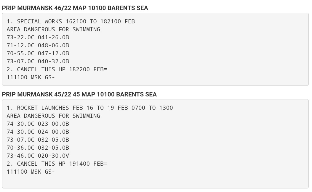 Here are PRIPs/NAVWARNs issued today for the Barents-, White Sea, and the Nenets coast for next week, most labeled Rocket Launches.  42/22 may indicate something from Plesetsk