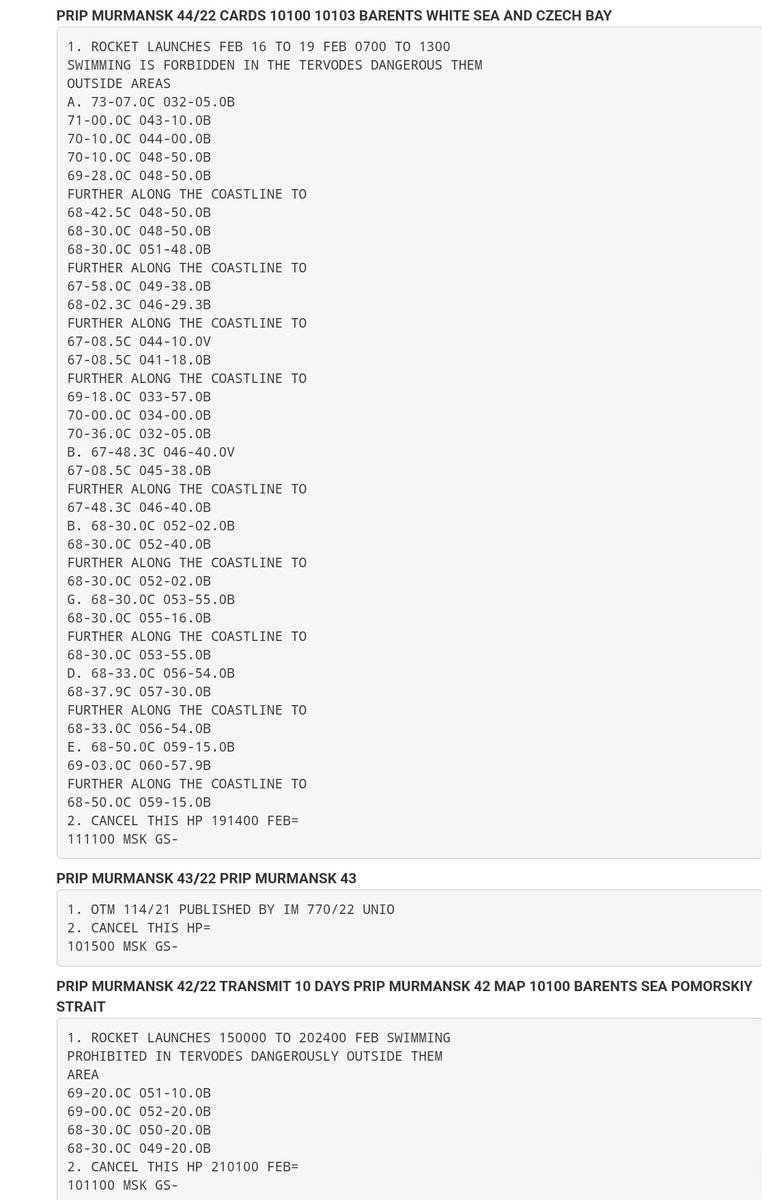 Here are PRIPs/NAVWARNs issued today for the Barents-, White Sea, and the Nenets coast for next week, most labeled Rocket Launches.  42/22 may indicate something from Plesetsk