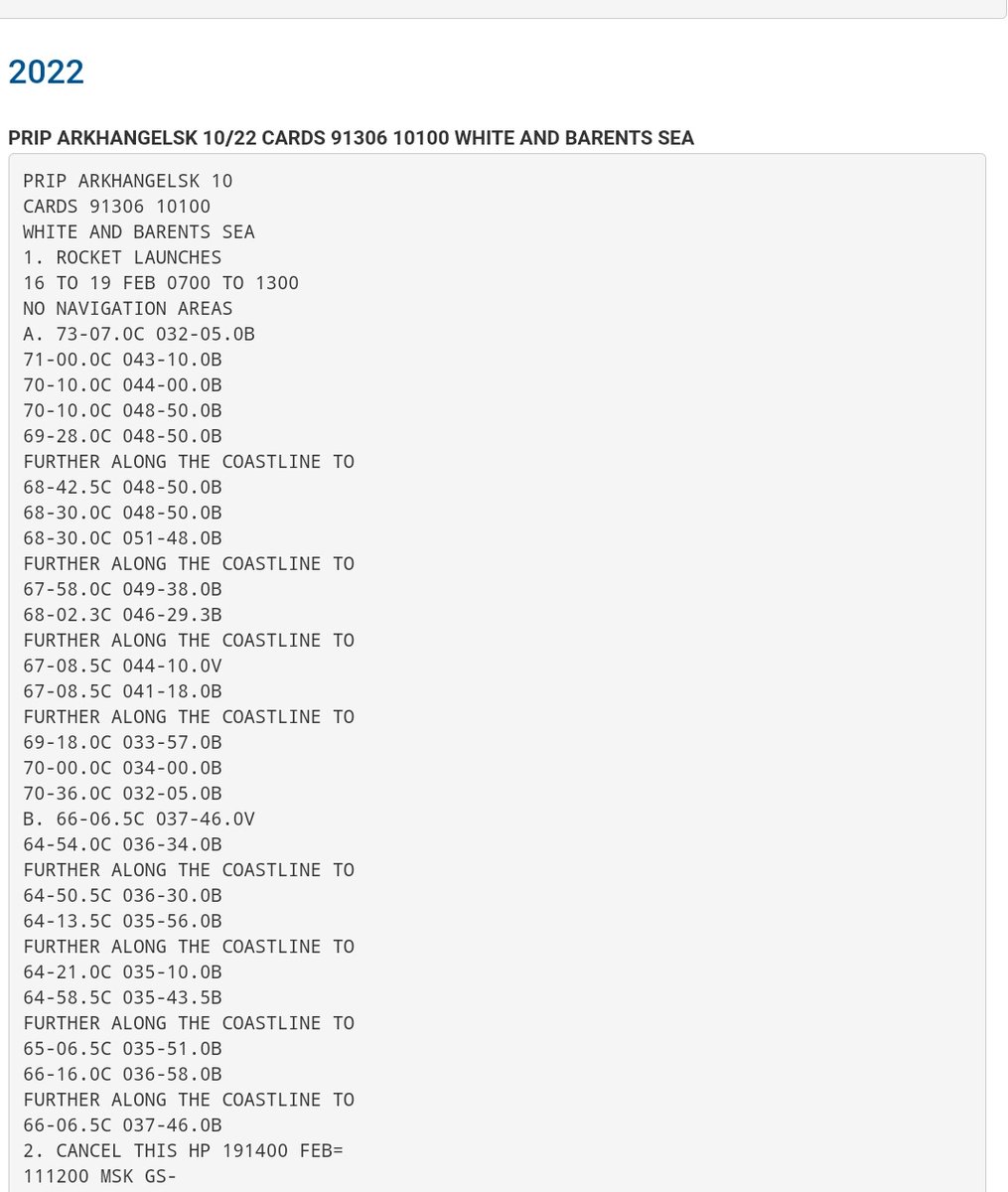 Here are PRIPs/NAVWARNs issued today for the Barents-, White Sea, and the Nenets coast for next week, most labeled Rocket Launches.  42/22 may indicate something from Plesetsk