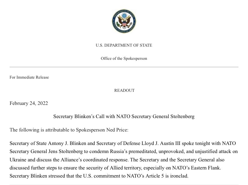 .@SecBlinken & @SecDef spoke with NATO Secretary General @jensstoltenberg to condemn Russia's premeditated, unprovoked, and unjustified attack on Ukraine and discuss the Alliance's coordinated response