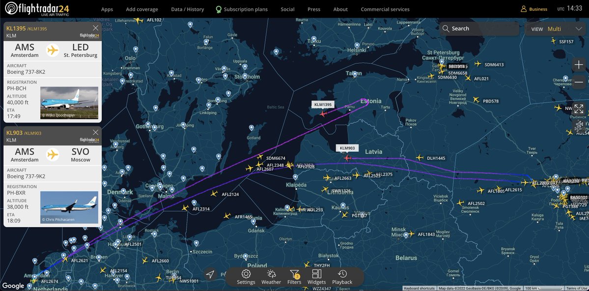 Two KLM flights to destinations in Russia have turned around and seem to be returning home