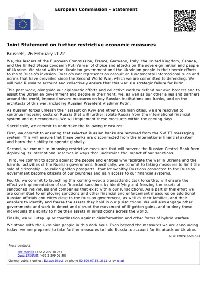 Full statement by @POTUS, @vonderleyen, @EmmanuelMacron, @OlafScholz, @BorisJohnson, @JustinTrudeau and Draghi on restrictive measures for Russia's central bank and cutting key Russian banks off SWIFT