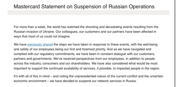 From @Mastercard we have decided to suspend our network services in Russia