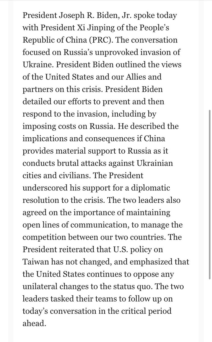 Белый дом заявил, что президент Байден во время разговора с президентом Си Цзиньпином описал последствия, если Китай предоставит материальную поддержку России, когда она проводит жестокие нападения на украинские города и мирное население.