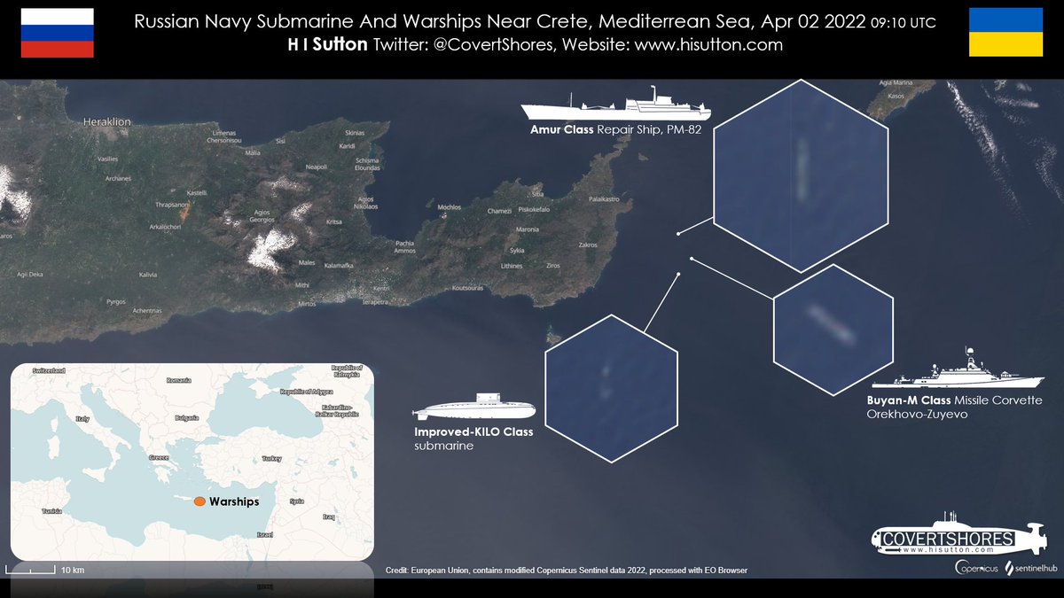 Russian Navy KILO Class submarine on surface in Mediterrean. Unusual.   Sailing directly away from a repair ship, PM-82. A Buyan-M corvette is nearby. Possible that the submarine experienced a problem.  These forces are outer-defense for Ukraine invasion