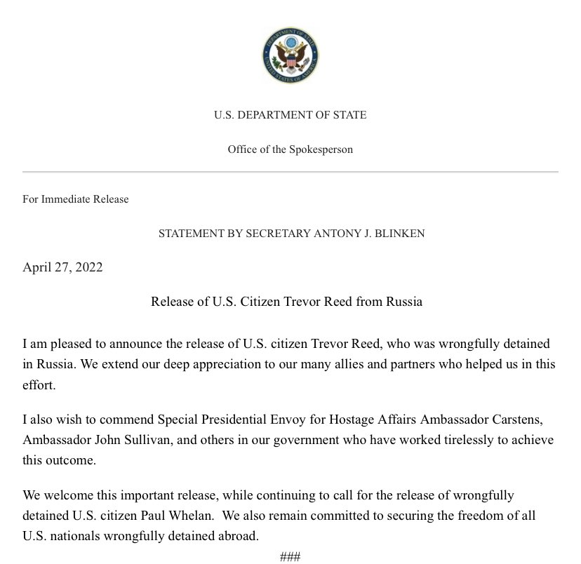 We welcome this important release, while continuing to call for the release of wrongfully detained U.S. citizen Paul Whelan, says @SecBlinken in a statement. We also remain committed to securing the freedom of all U.S. nationals wrongfully detained abroad