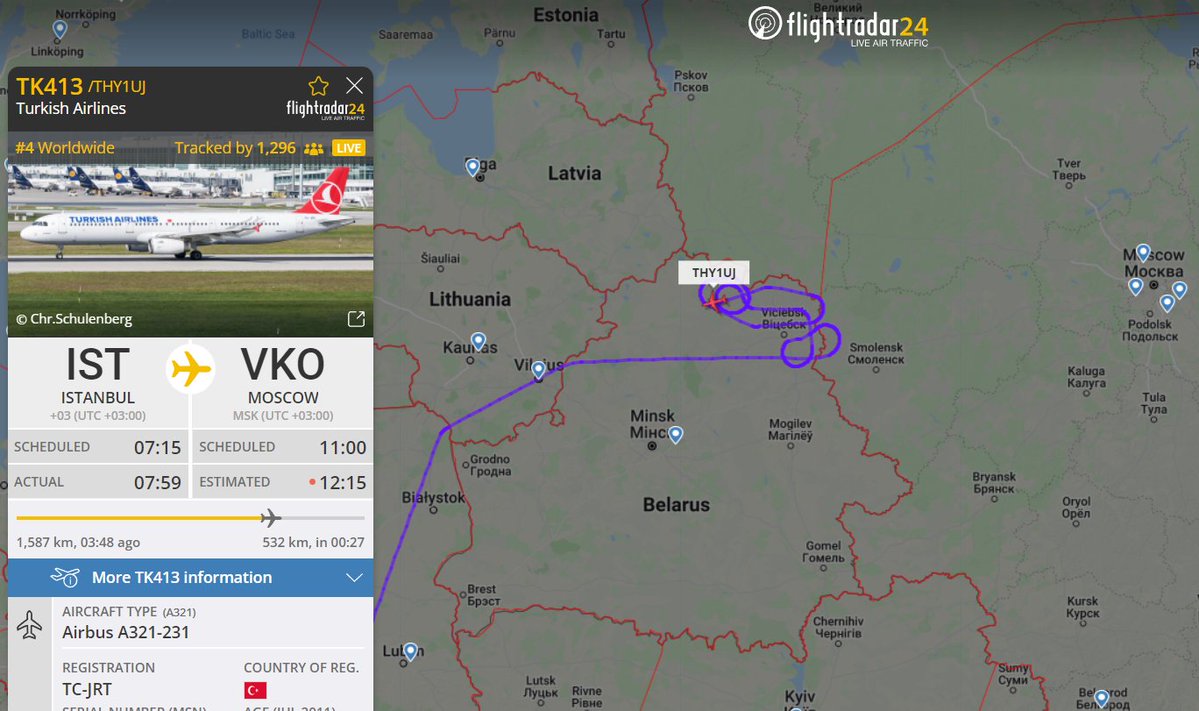 Turkish Airlines flight TK413 from Istanbul to Moscow is holding over Belarus. Reason is currently unknown. And TK413 is diverting to Vilnius, Lithuania