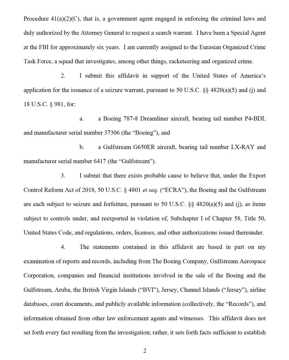 From the @SDNYnews's seizure order targeting Russian oligarch Roman Abramovich's two jets: a Boeing 787-8 Dreamliner (worth $350 million, currently in Dubai) and a Gulfstream G650ER (worth $60 million, currently in Russia)