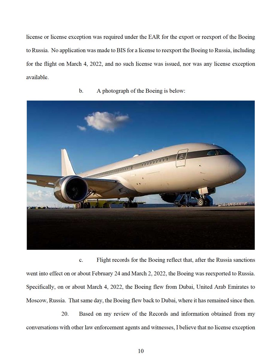 From the @SDNYnews's seizure order targeting Russian oligarch Roman Abramovich's two jets: a Boeing 787-8 Dreamliner (worth $350 million, currently in Dubai) and a Gulfstream G650ER (worth $60 million, currently in Russia)