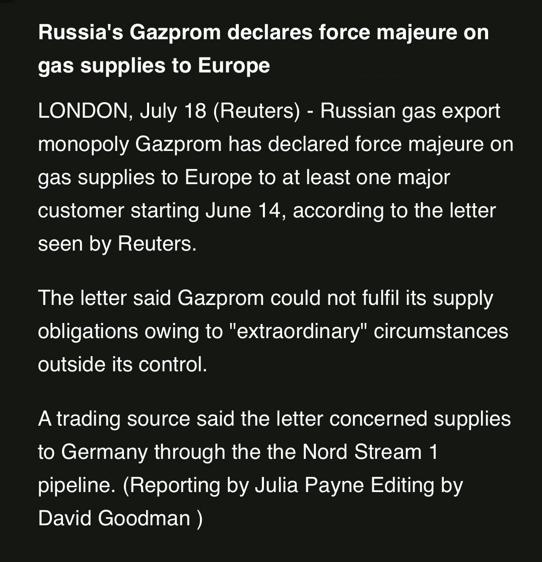 Russian gas export monopoly Gazprom has declared force majeure on gas supplies to Europe to at least one major customer starting June 14, according to the letter seen by Reuters
