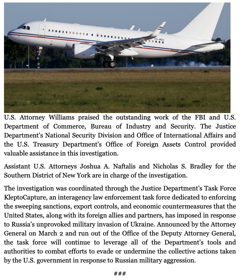 US authorized to seize Airbus A319-100 -valued at $90-million - owned/controlled by sanctioned Russian oligarch Andrei Skoch, per @TheJusticeDept   Warrant issued based on probable cause of violation of the federal anti-money laundering laws