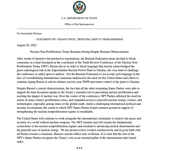 After weeks of intensive but productive negotiations, the Russian Federation alone decided to block consensus on a final document at the conclusion of the Tenth Review Conference of the Nuclear Non-Proliferation Treaty, says @StateDeputySpox