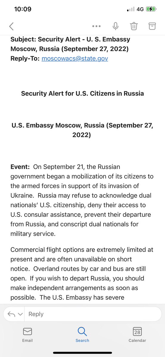 Harrowing message from the US Embassy in Moscow:   U.S. citizens should not travel to Russia and those residing or travelling in Russia should depart Russia immediately while limited commercial travel options remain