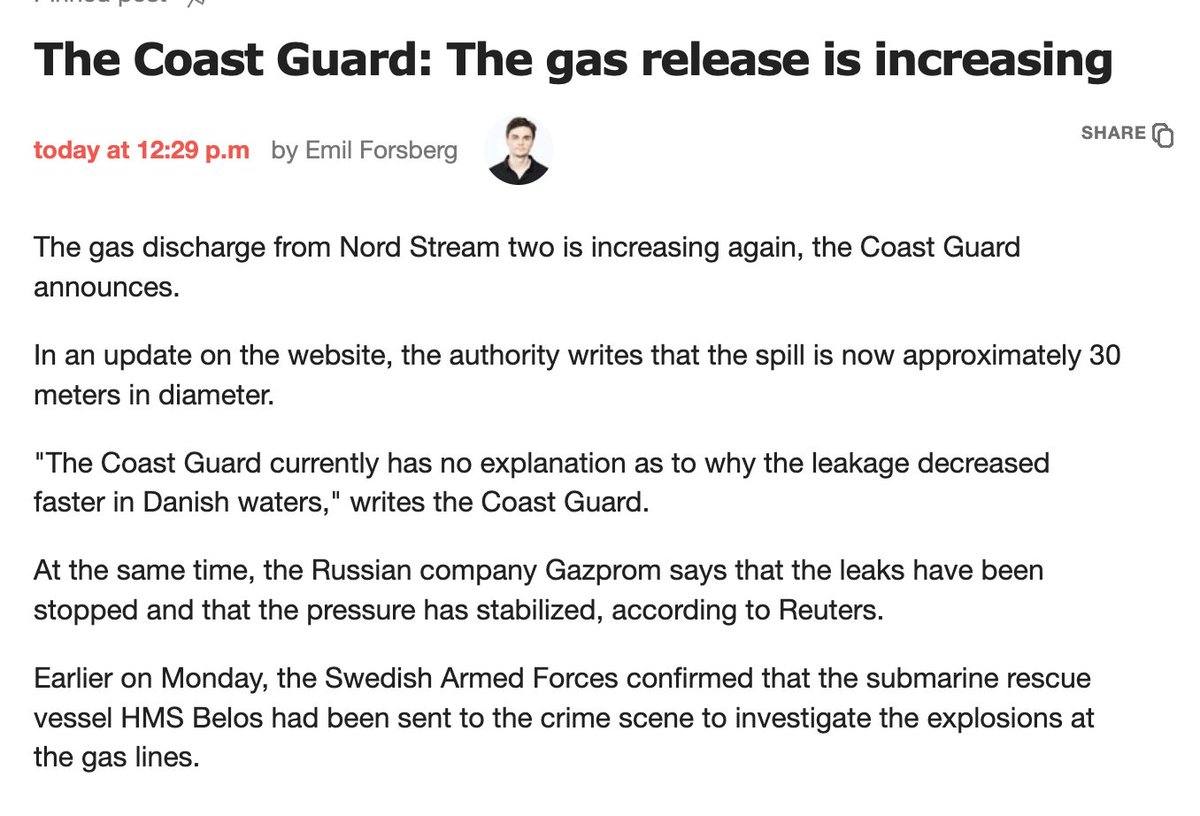 The gas leak from the Nord Stream 2 pipeline in the Swedish economic zone is increasing again. Reason unclear, Sweden's Coast Guard says. - Aftonbladet
