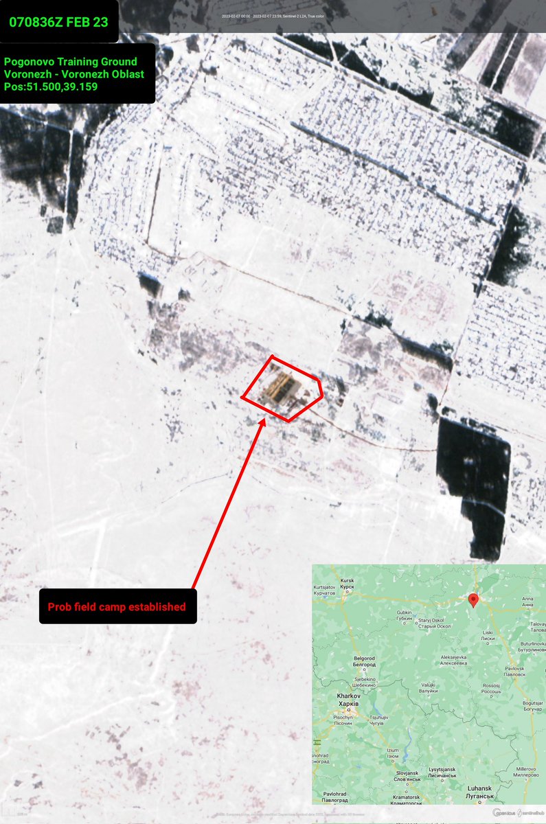 На снимках Sentinel видно, что на полигоне Погоново под Воронежем был установлен возможный полевой лагерь. Оптические снимки от 7 февраля. Судя по снимкам SAR, активность началась в конце января.