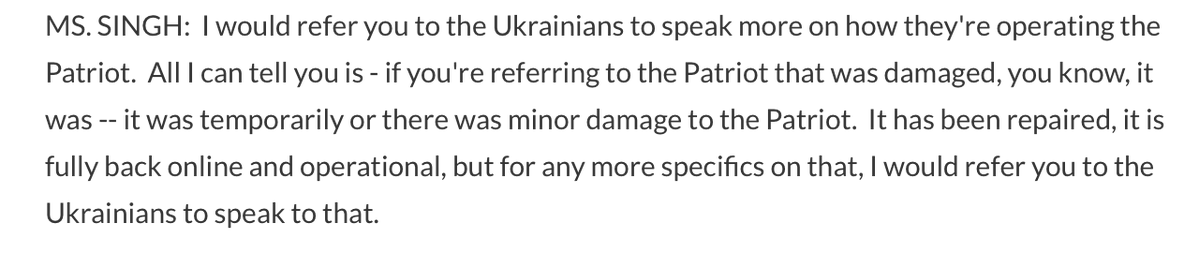 @sabrinasingh24 di @Pentagon ha questo aggiornamento sul sistema di difesa missilistico Patriot USA in Ucraina, che la Russia afferma di aver distrutto di recente (con un missile ipersonico Kindzhal): È stato riparato, è tornato completamente operativo e operativo.