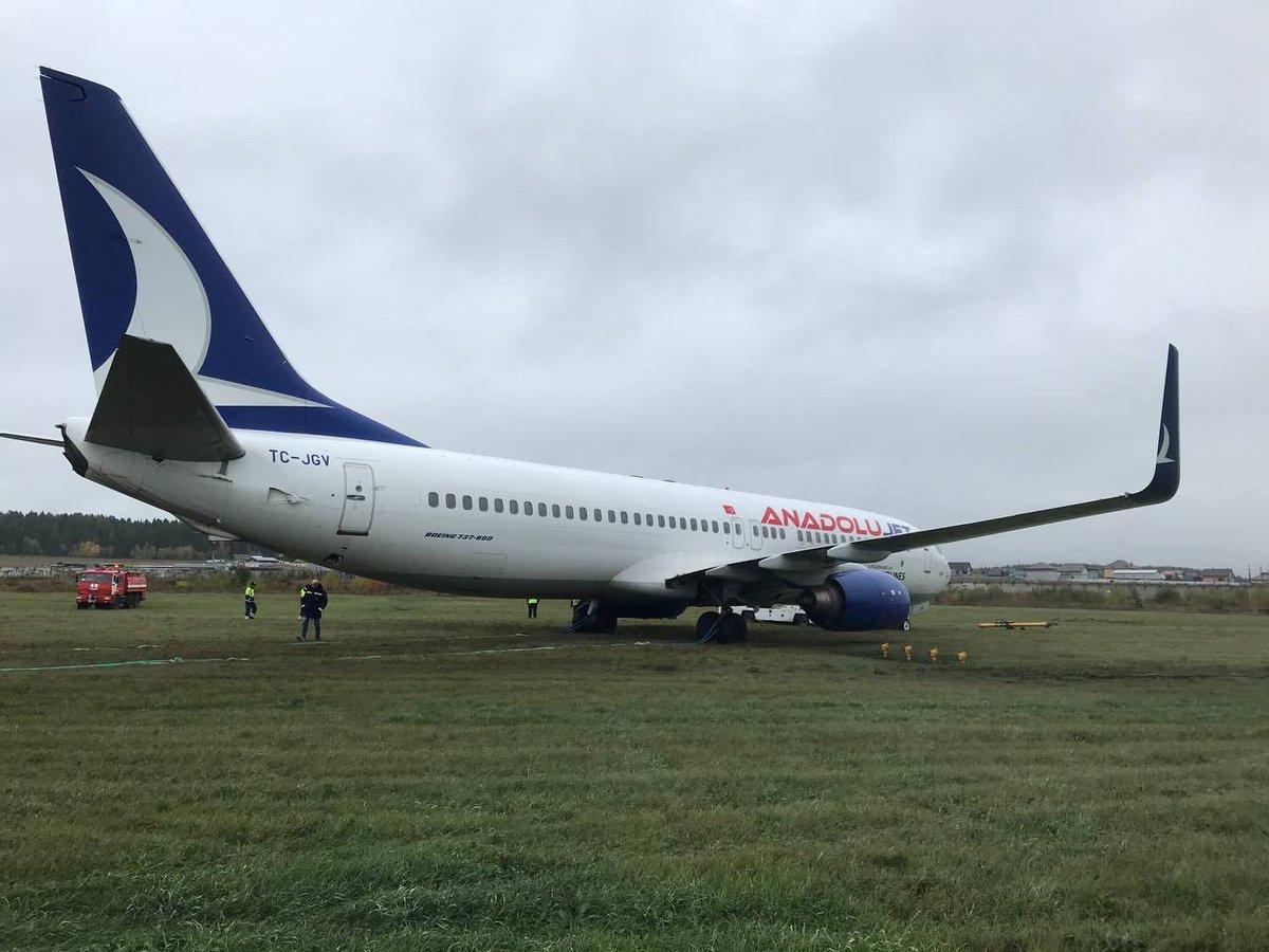 Turkish Airlines flight TK3964 overruns the runway after landing at Perm-Bolshoye Savino International Airport in Russia. No injuries reported