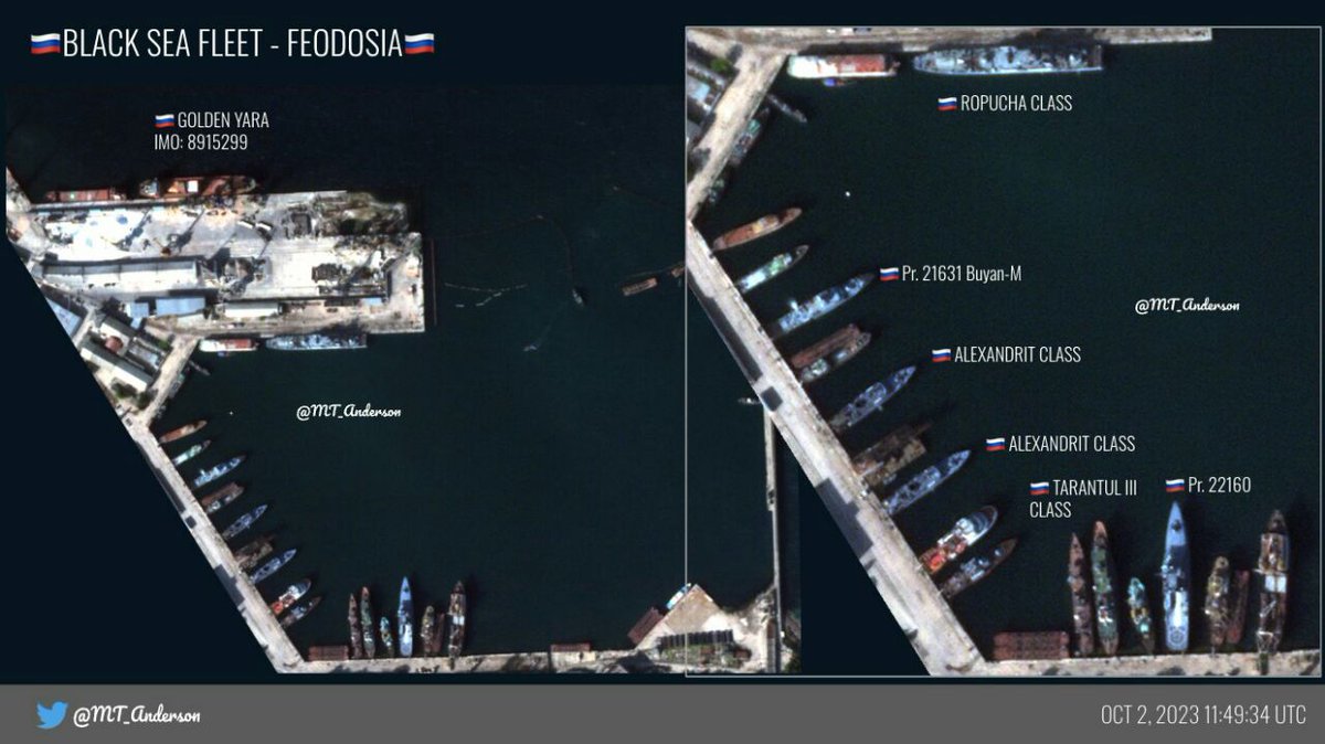 Exodus ruských lodí zo Sevastopolu: Ruská Čiernomorská flotila presunula väčšinu svojich lodí zo Sevastopolu do Novorossijska. Všetky tri funkčné ponorky projektu 06363 (trieda Kilo), obe fregaty projektu 11356 (trieda admirál Grigorovič)