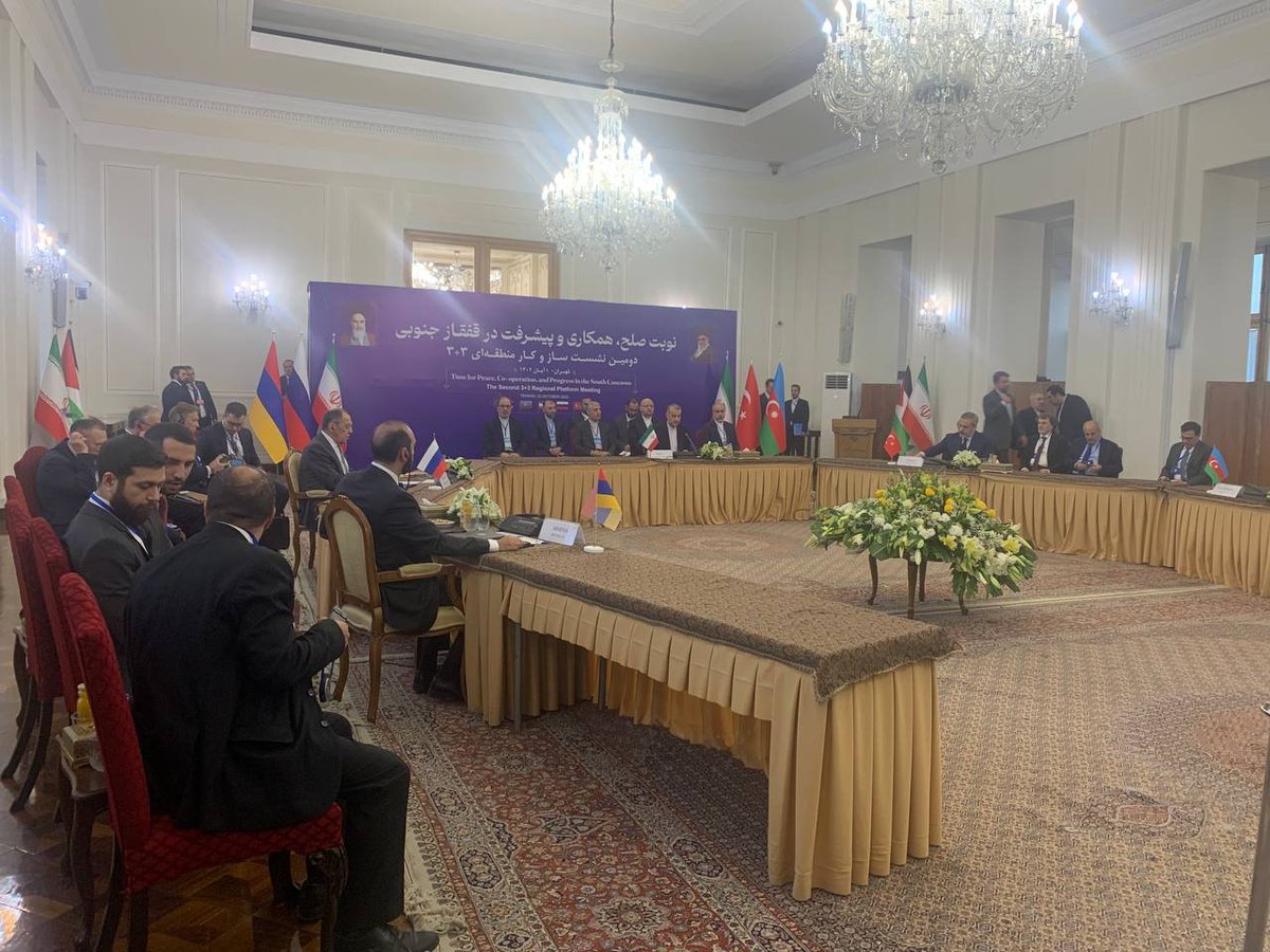 The foreign ministers' meeting of the 3+3 format on South Caucasus gets underway in Tehran. Iran, Russia, Turkey, Azerbaijan and Armenia FMs are attending the summit. However, the Georgia FM is absent from the meeting