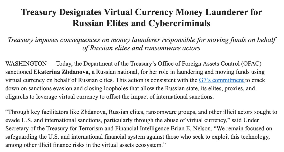 US sanctions Ekaterina Zhdanova - a Russian national - for laundering & moving money on behalf of Russian elites Per @USTreasury,  Zhdanova uses virtual currency to facilitate large cross border transactions & helped one client move $2.3 million in March 2022