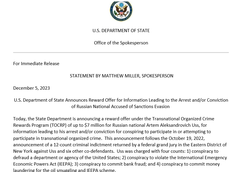 .@StateDept puts out a $7 million bounty for the arrest of Artem Uss, the Russian who busted out of Italian custody (embarrassingly) while awaiting extradition to the US. Uss (whose father is a Siberian governor) was indicted last year on charges of smuggling military technology