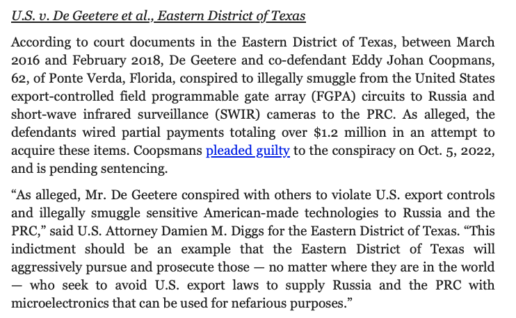 US charges Belgium national with years-long scheme to unlawfully export sensitive, military-grade technology from the UnitedStates to end users located in the People’s Republic of China (PRC) and the Russian Federation. 61yo Hans Maria De Geetere arrested yesterday