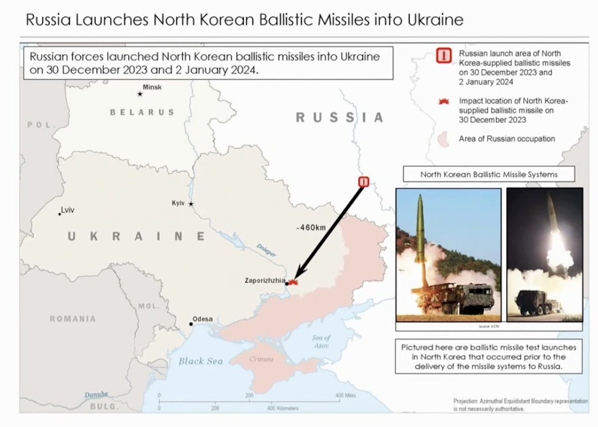 Την Πέμπτη, ο εκπρόσωπος του Λευκού Οίκου Τζον Κίρμπι παρουσίασε έναν χάρτη που δείχνει πού η Ρωσία εκτόξευσε τους βορειοκορεατικούς πυραύλους στην Ουκρανία (κοντά στη Ζαπορίζια). Αναμένουμε ότι η Ρωσία θα χρησιμοποιήσει πρόσθετους βορειοκορεατικούς πυραύλους για να στοχεύσει τις μη στρατιωτικές υποδομές της Ουκρανίας, είπε ο Κίρμπι
